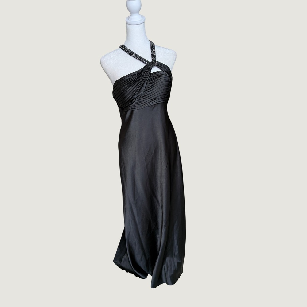 Y2K Whimsigoth Hailey Logan Adrianna Papell Black Satin Beaded Halter Gown 7/8